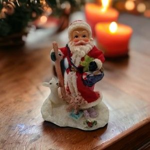 Enesco Santa Holding Walking Stick with White Lamb Teddy Bear Figurine